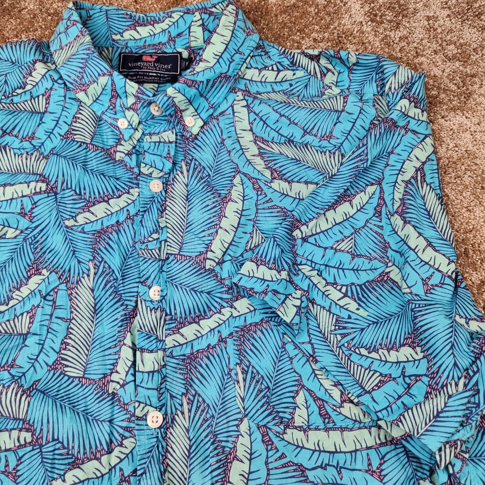 Vineyard Vines Slim Fit Murray Shirt Mens XL Blue Palm Leaf Short Sleeve Shirt